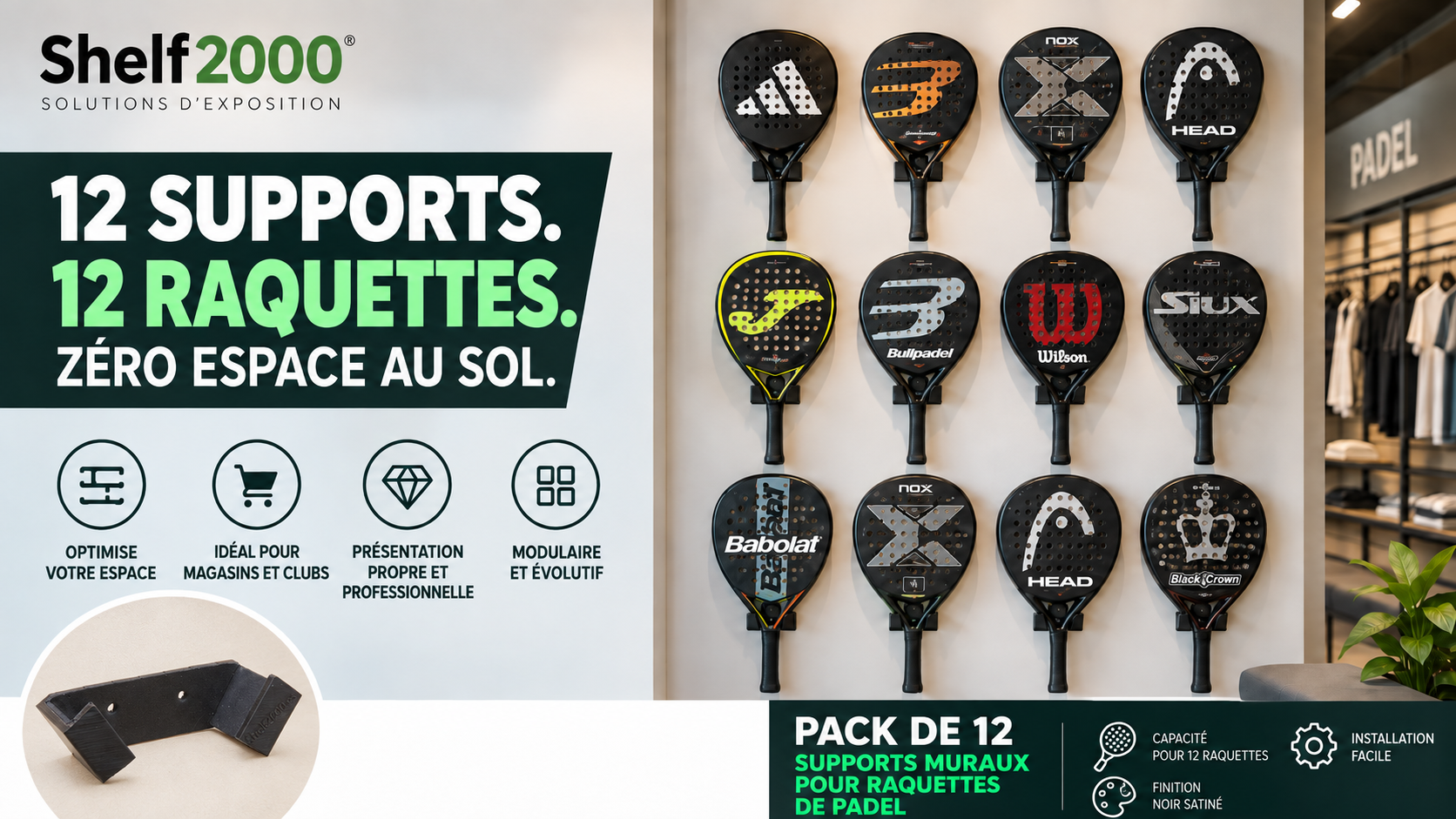 Pack de 12 supports muraux Shelf2000 pour exposer 12 raquettes de padel en magasin ou club